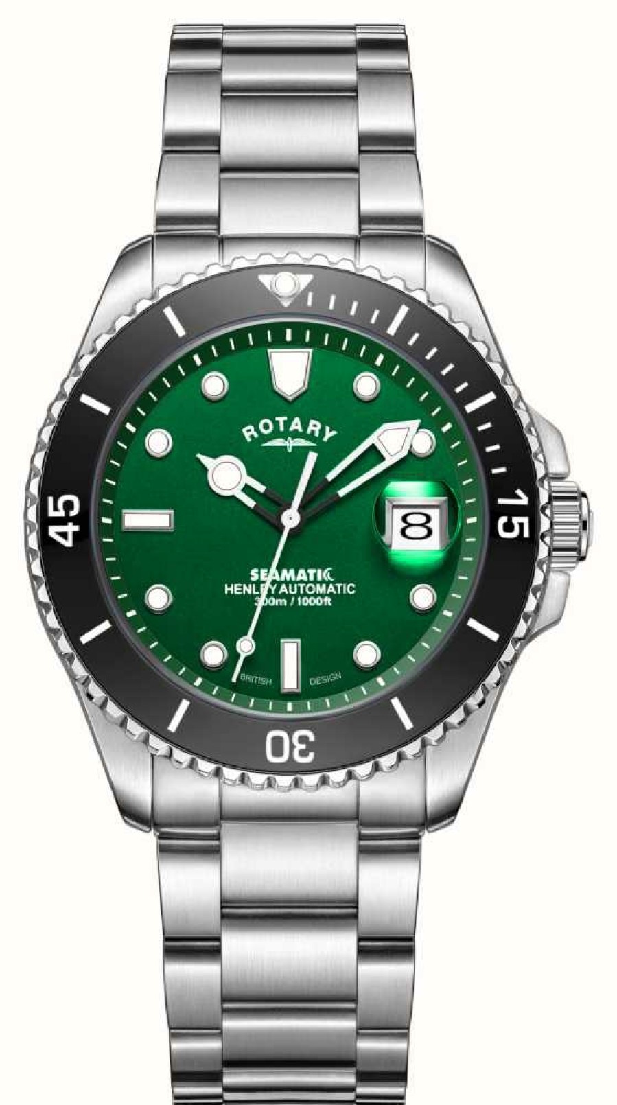 Men'S Rotary | Rotary Henley Seamatic Automatic Green Dial Black Bezel