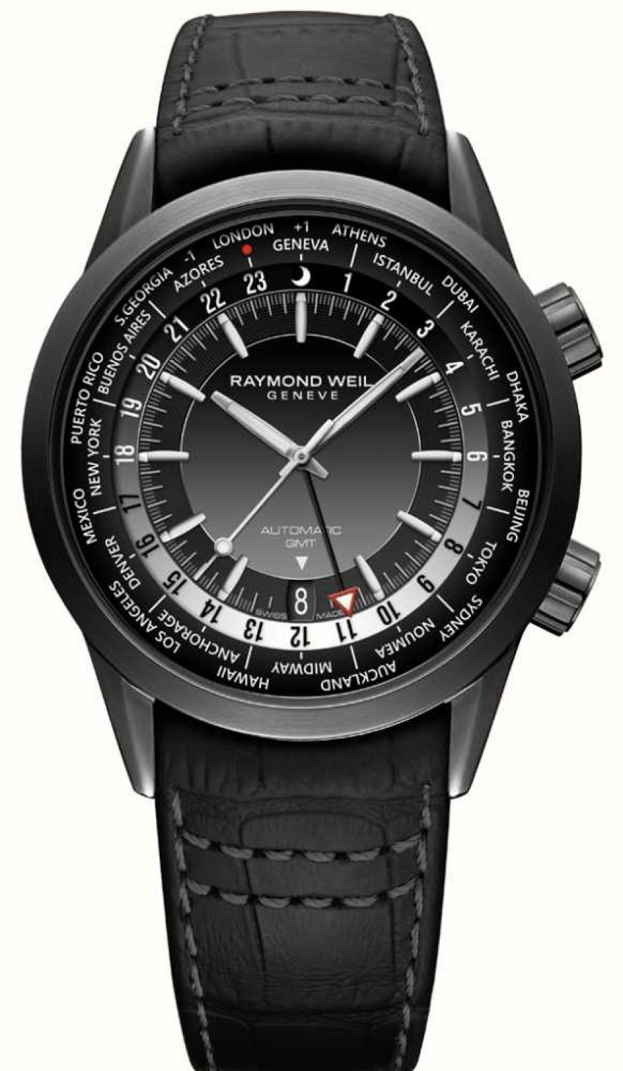 Men'S Raymond Weil | Raymond Weil Freelancer | Gmt | Auto | Black Dial | Black Leather Strap