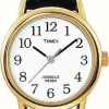 Women'S Timex | Timex Easy Reader Black Leather Strap Gold Plated Case