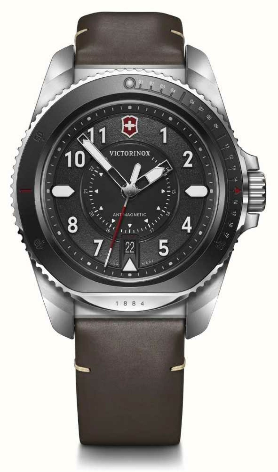 Men'S Victorinox | Victorinox Journey 1884 (43Mm) Black Dial / Black Silicone & Brown Leather Set