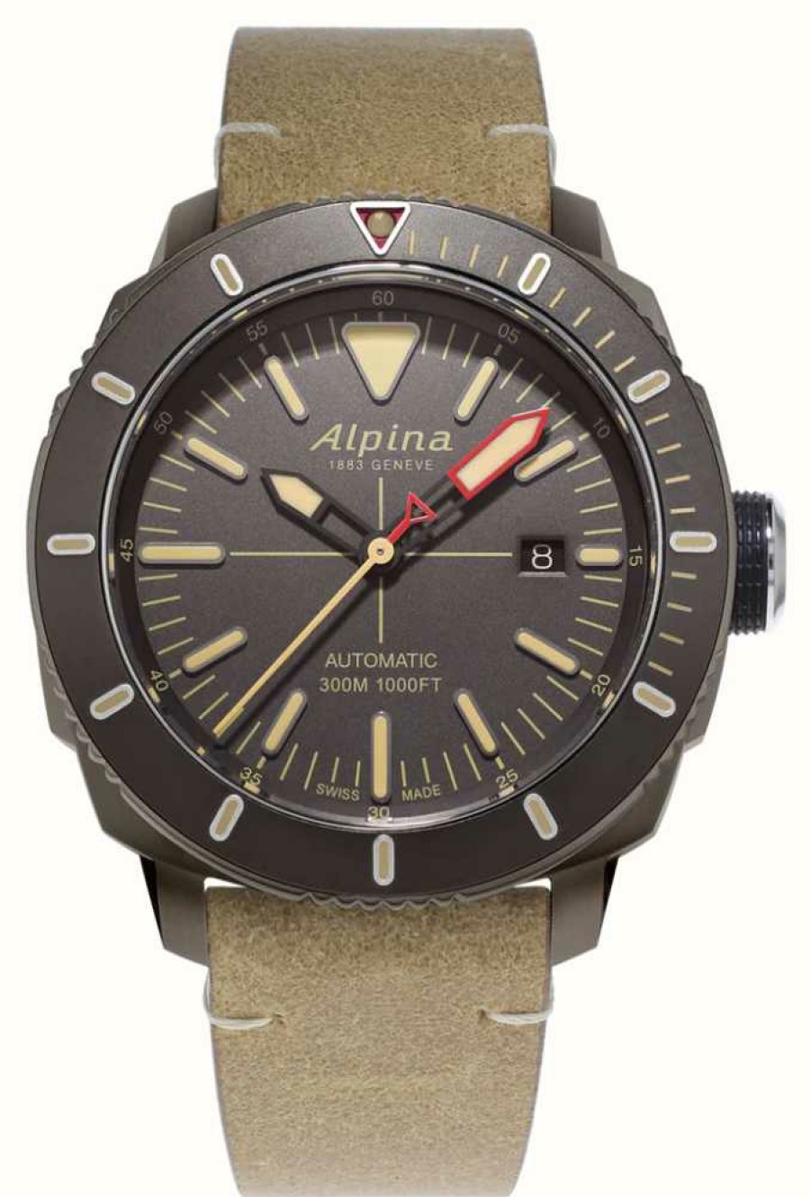 Men'S Alpina | Alpina Seastrong Diver 300 Automatic (44Mm) Grey Dial / Light Brown Leather