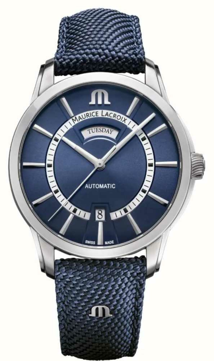 Men'S Maurice Lacroix | Maurice Lacroix Pontos Day-Date Blue Dial / Blue Textile Strap