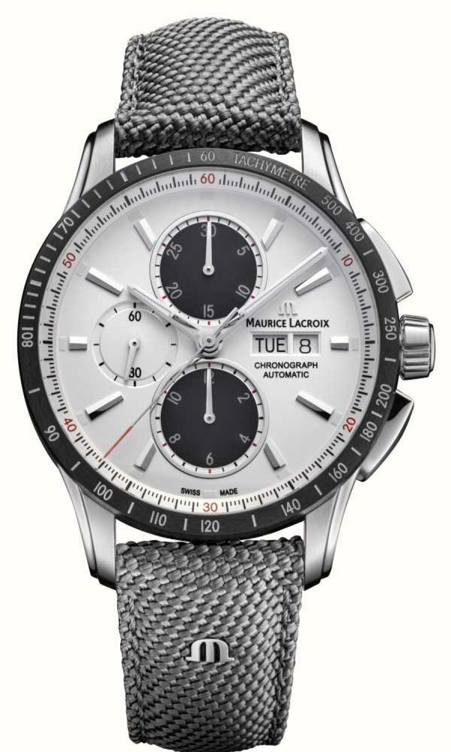 Men'S Maurice Lacroix | Maurice Lacroix Pontos S Chronograph (43Mm) White Dial / Grey Textile