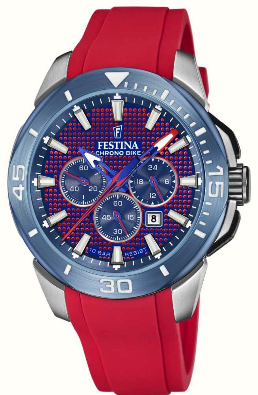 Men'S Festina | Festina Chrono Bike 2022 Red & Blue Dial / Red Rubber