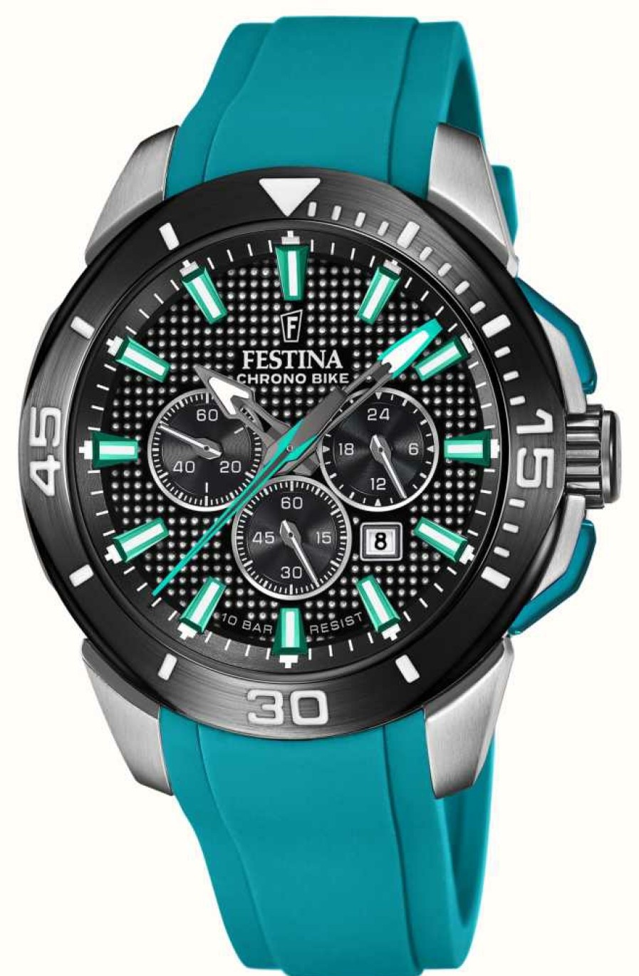 Men'S Festina | Festina Chrono Bike 2022 Black Dial / Turquoise Rubber