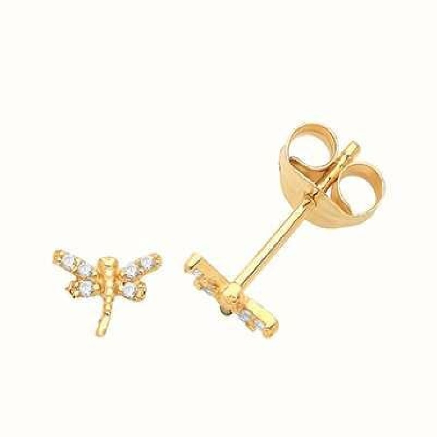 Jewelry James Moore | James Moore Th 9Ct Yellow Gold Cubic Zirconia Dragon Fly Studs