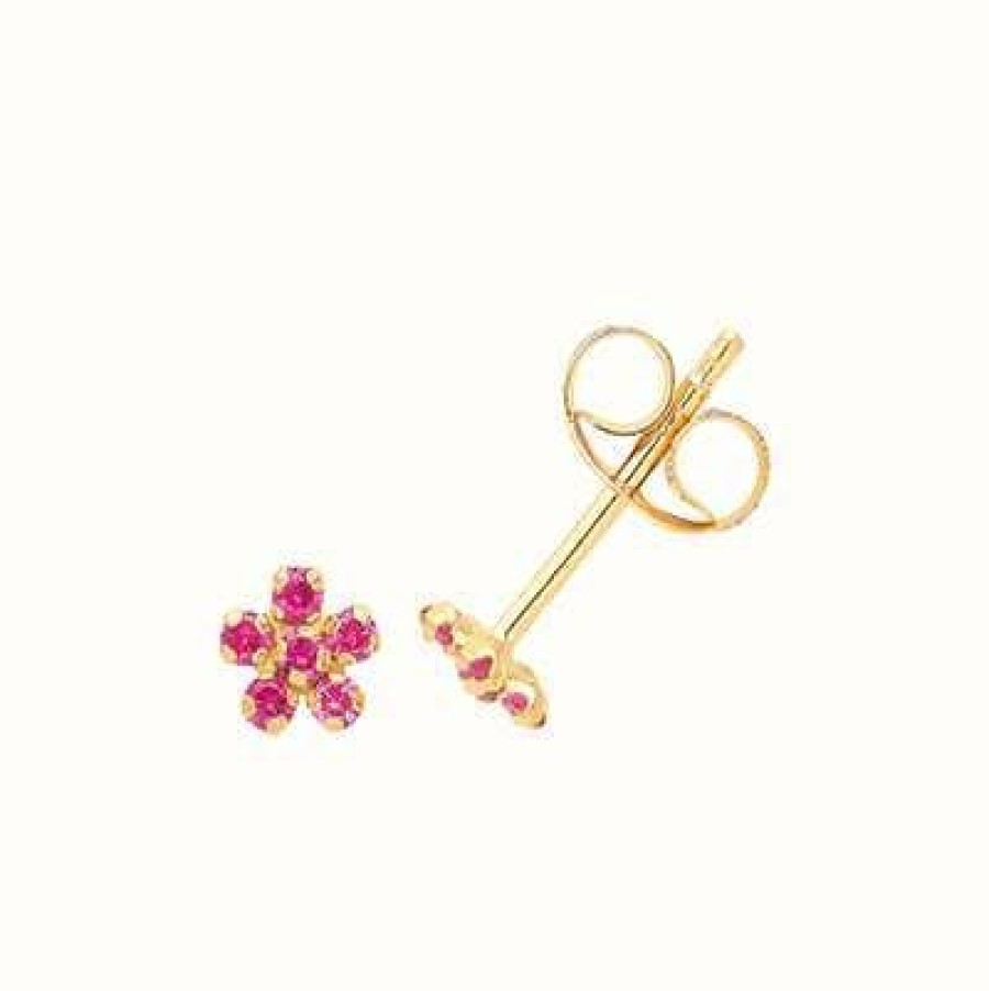 Jewelry James Moore | James Moore Th 9Ct Yellow Gold Pink Cubic Zirconia Flower Stud Earrings