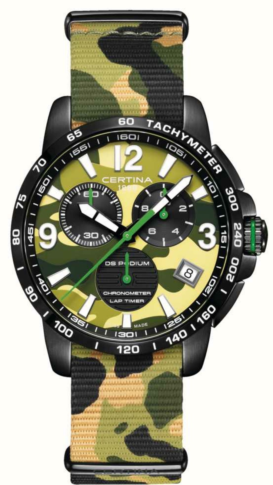 Men'S Certina | Certina Ds Podium Lap Timer | Green Camouflage Dial | Green Camouflage Fabric Strap