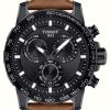 Men'S Tissot | Tissot Supersport Chrono (45.5Mm) Black Dial / Brown Leather