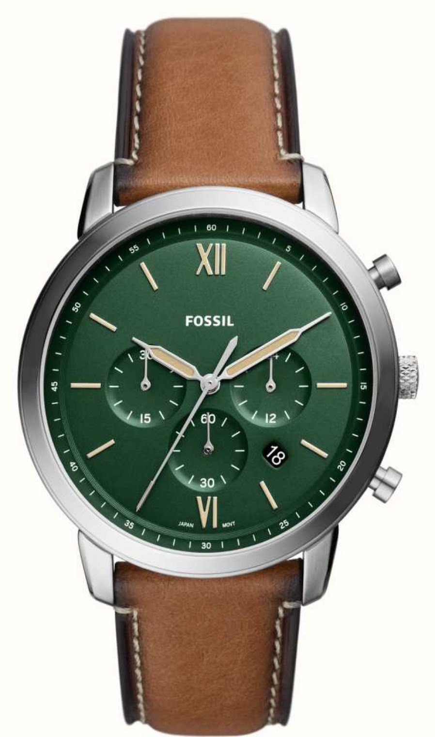 Men'S Fossil | Fossil Men'S Neutra | Green Chronograph Dial | Tan Eco Leather Strap