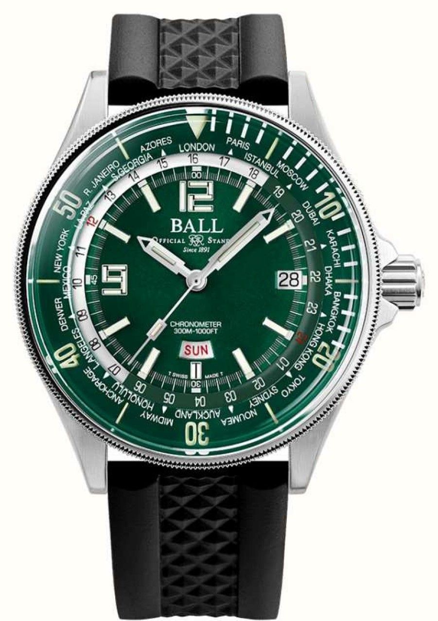 Men'S Ball Watch Company | Ball Watch Company Engineer Master Ii Diver Worldtime (42Mm) Green Dial Black Rubber Strap