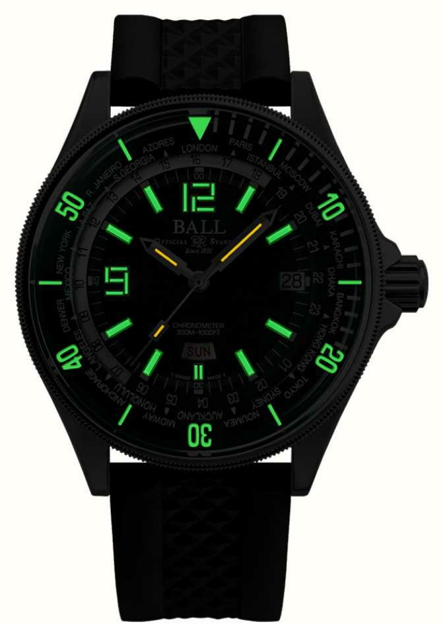 Men'S Ball Watch Company | Ball Watch Company Engineer Master Ii Diver Worldtime (42Mm) Green Dial Black Rubber Strap