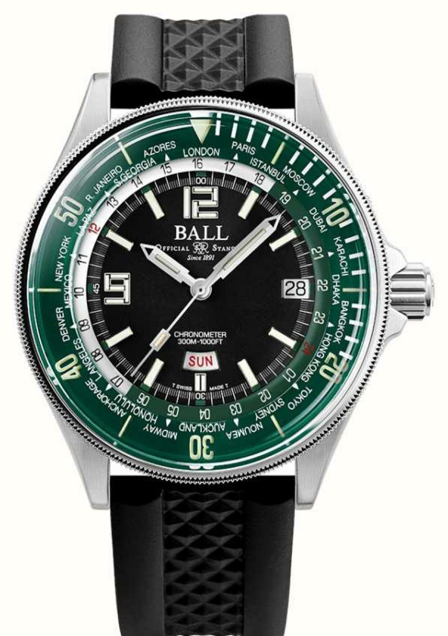 Men'S Ball Watch Company | Ball Watch Company Engineer Master Ii Diver Worldtime (42Mm) Green Dial Black Rubber Strap