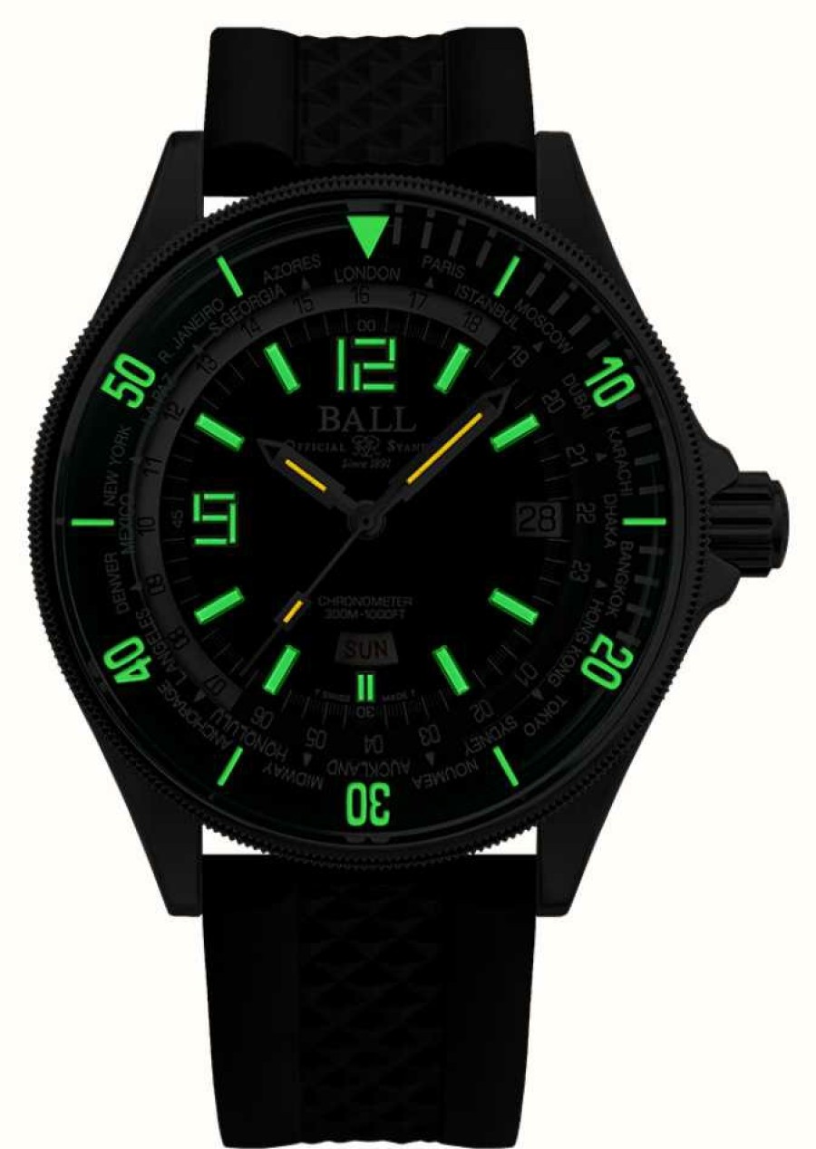 Men'S Ball Watch Company | Ball Watch Company Engineer Master Ii Diver Worldtime (42Mm) Green Dial Black Rubber Strap