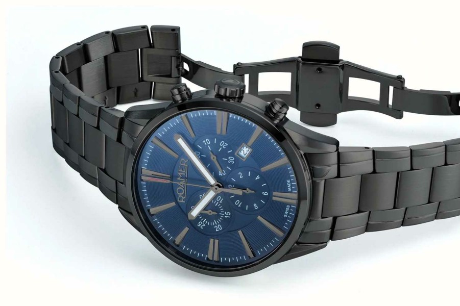 Men'S Roamer | Roamer Superior Chrono | Blue Dial | Gunmetal Stainless Steel Bracelet