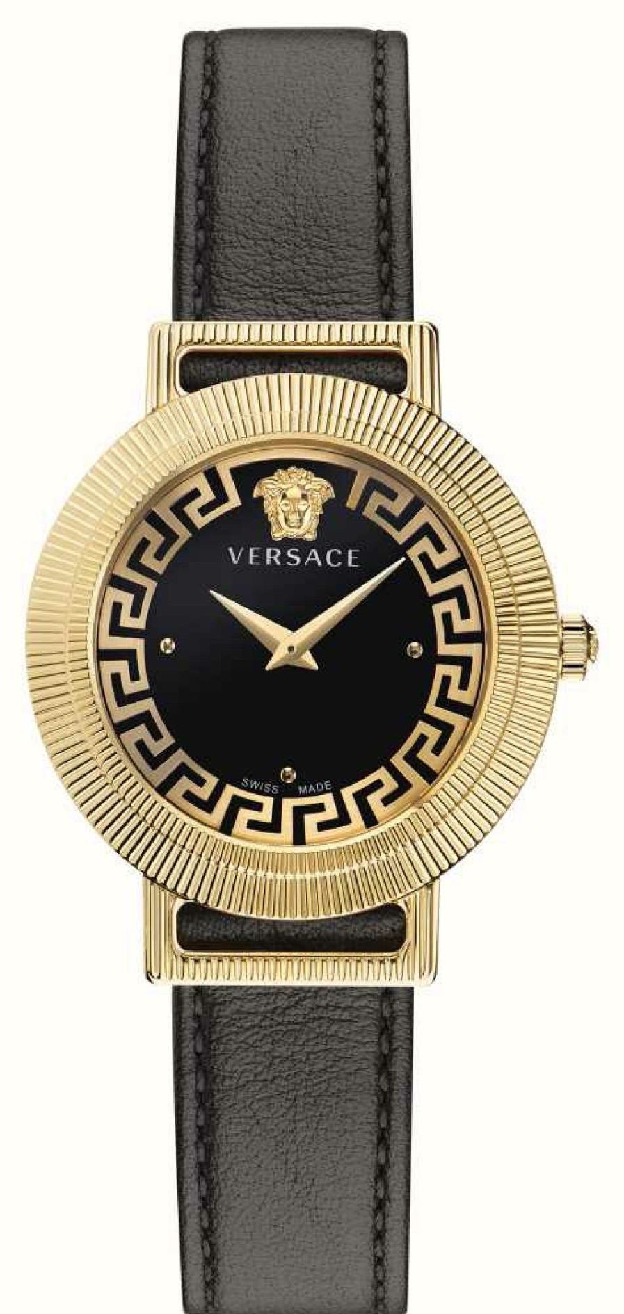 Women'S Versace | Versace Greca Chic (44Mm) Black Dial / Black Leather