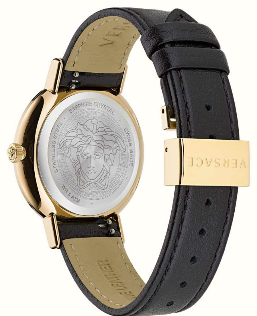 Women'S Versace | Versace Greca Chic (44Mm) Black Dial / Black Leather