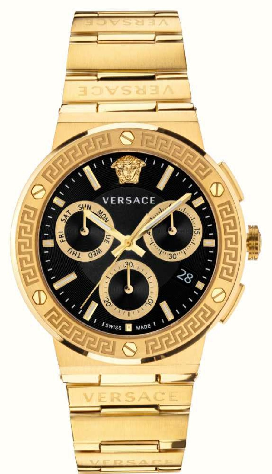 Men'S Versace | Versace Greca Logo Chrono (43Mm) Black Dial / Gold Pvd Stainless Steel