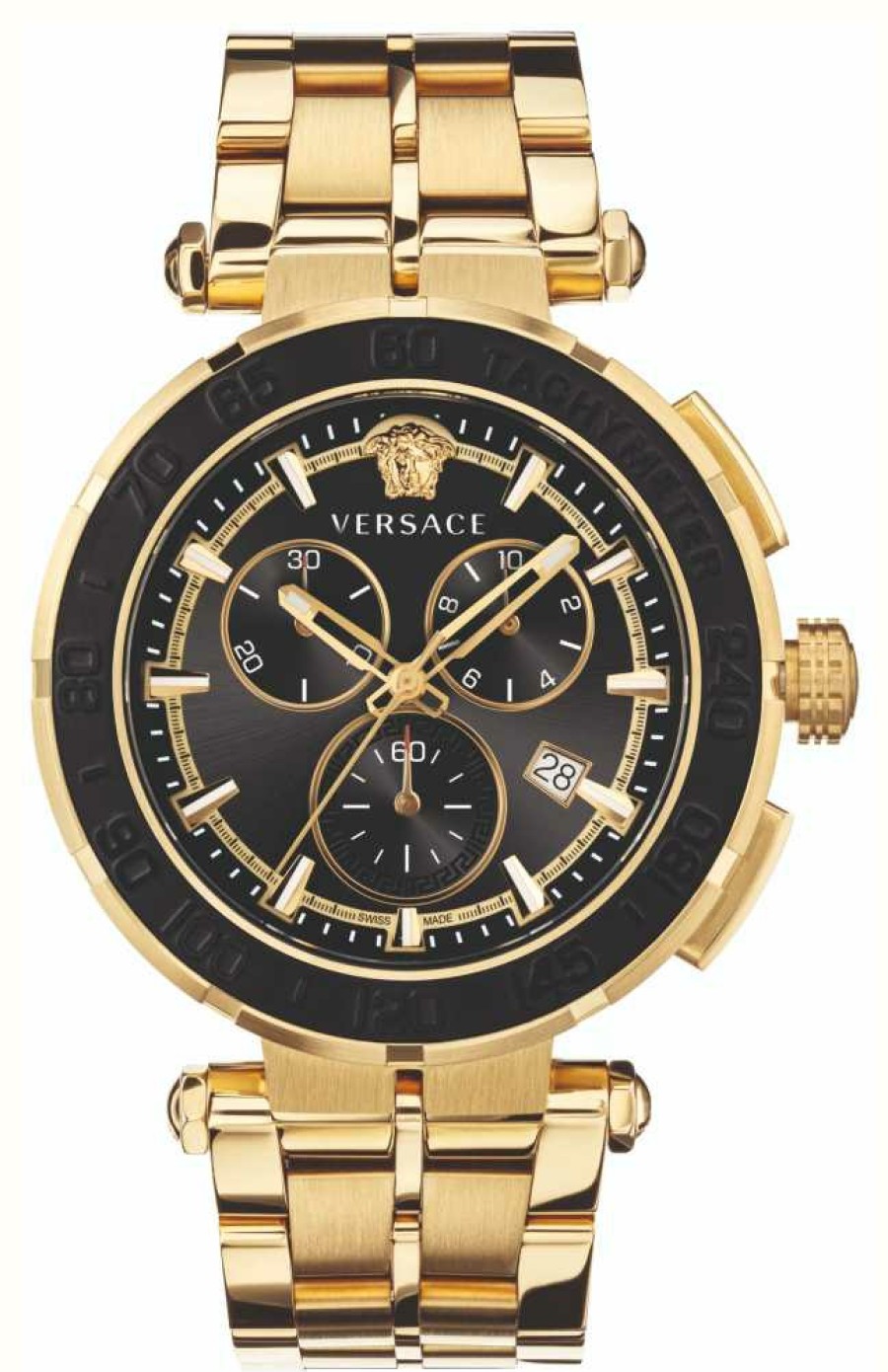 Men'S Versace | Versace Greca Chrono (45Mm) Black Dial / Gold Pvd Stainless Steel