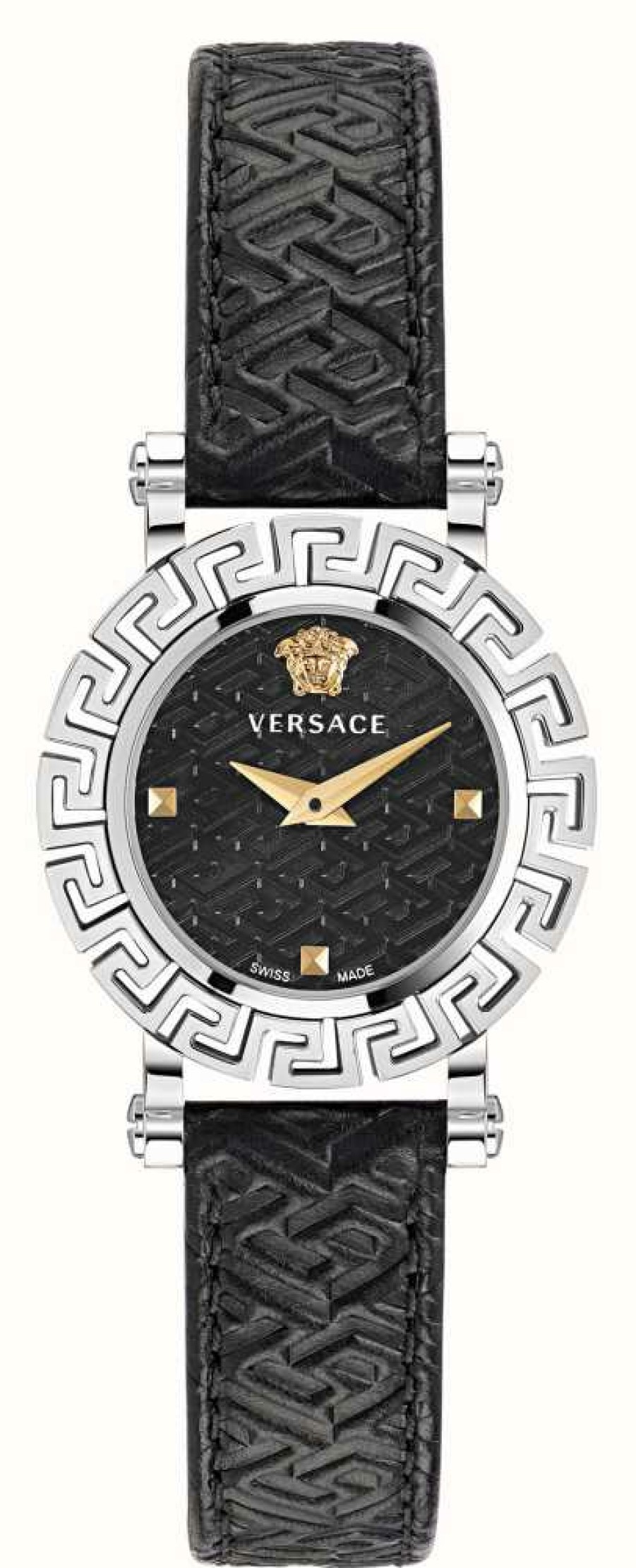 Women'S Versace | Versace Greca Glam (30Mm) Black Dial / Black Leather