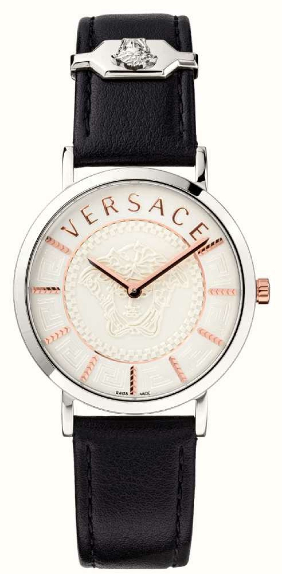 Women'S Versace | Versace Essential (36Mm) White Dial / Black Leather