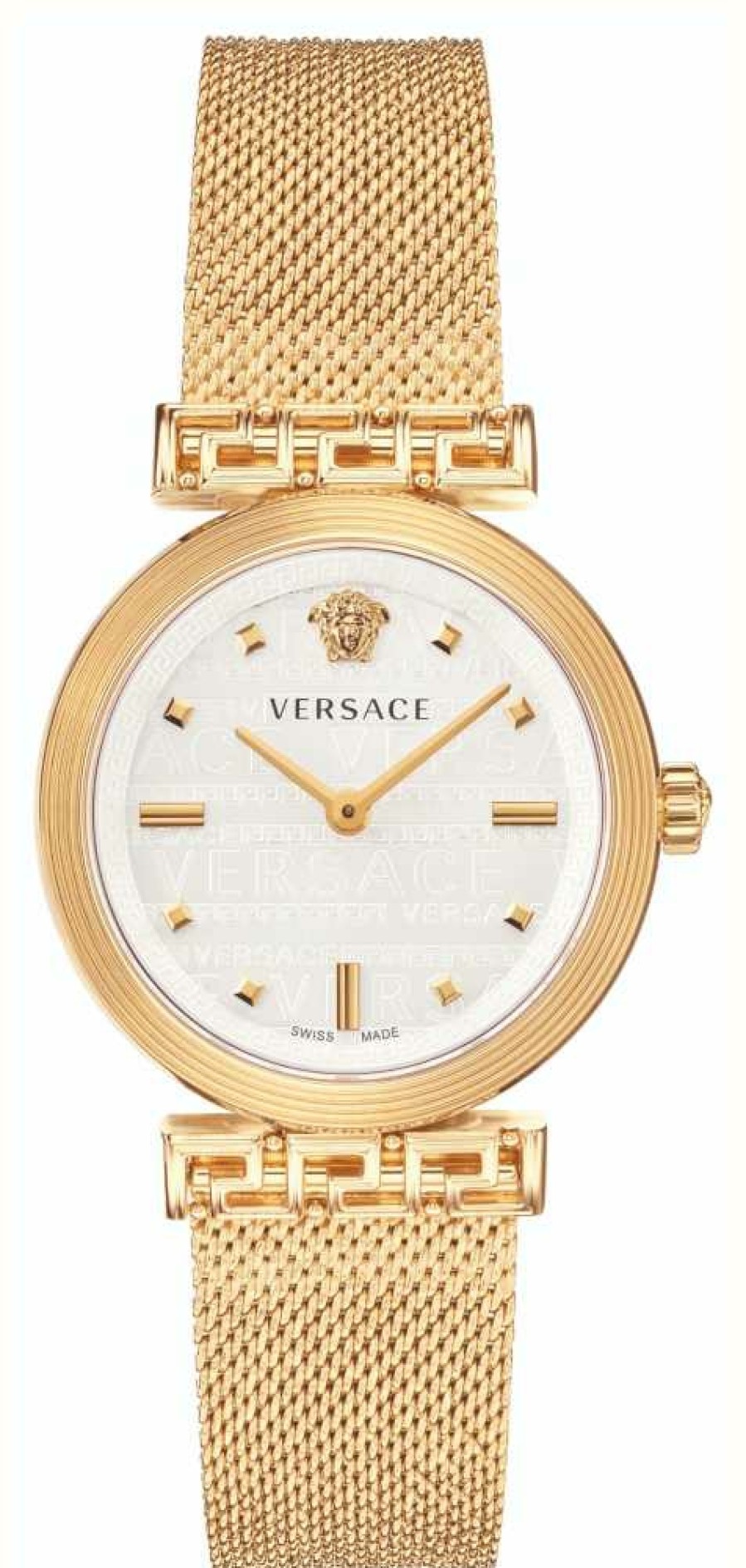 Women'S Versace | Versace Meander (34Mm) White Dial / Gold Pvd Stainless Steel Mesh