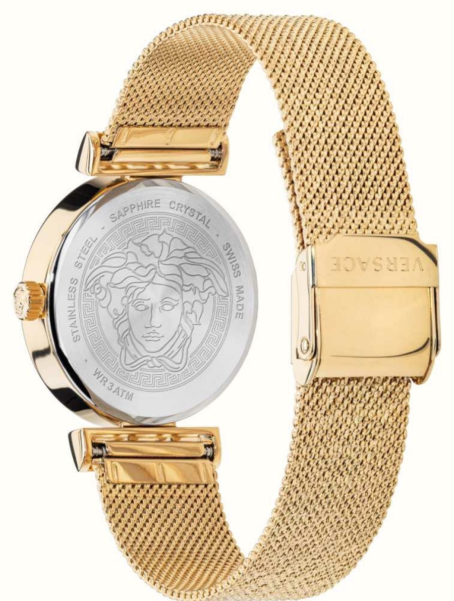 Women'S Versace | Versace Meander (34Mm) White Dial / Gold Pvd Stainless Steel Mesh