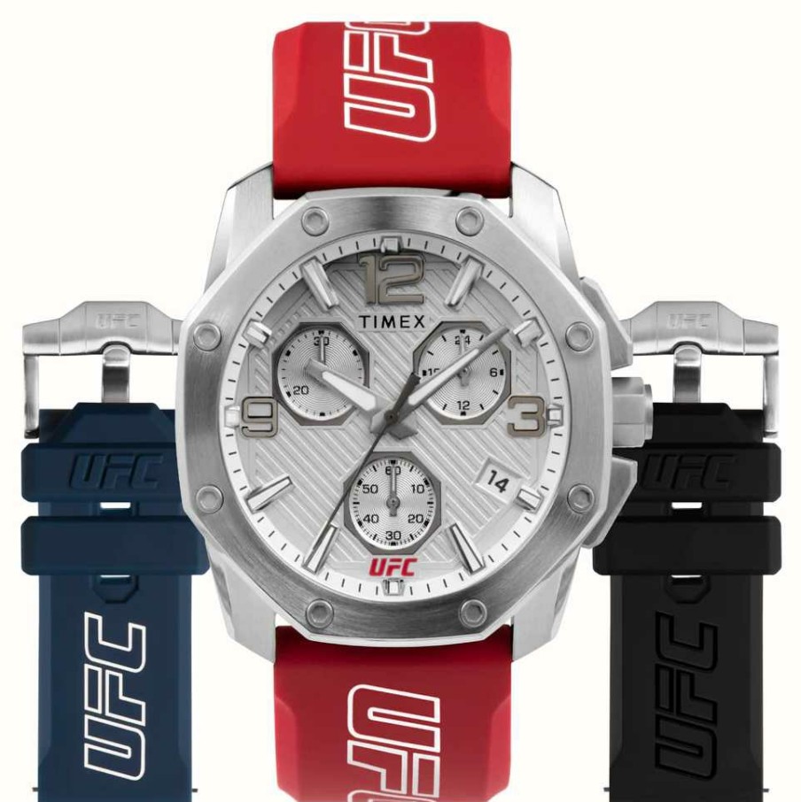 Men'S Timex | Timex X Ufc Icon Chronograph Gift Set Silver Dial / Red Silicone