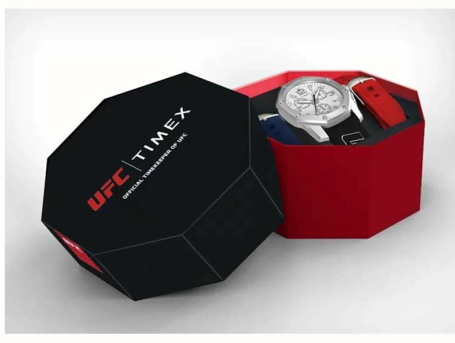 Men'S Timex | Timex X Ufc Icon Chronograph Gift Set Silver Dial / Red Silicone