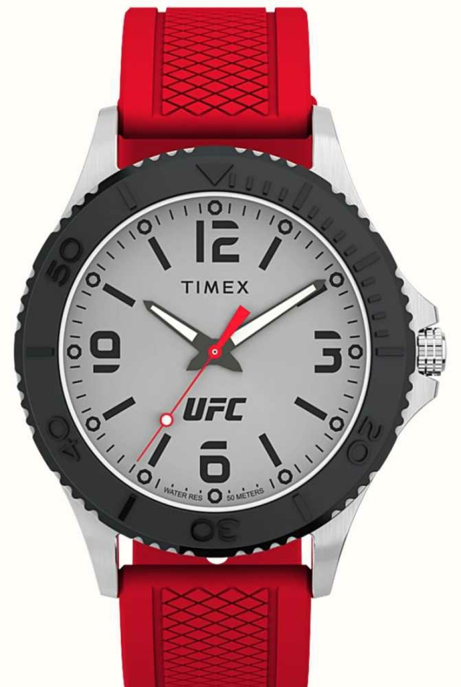 Men'S Timex | Timex X Ufc Gamer Silver Dial / Red Silicone