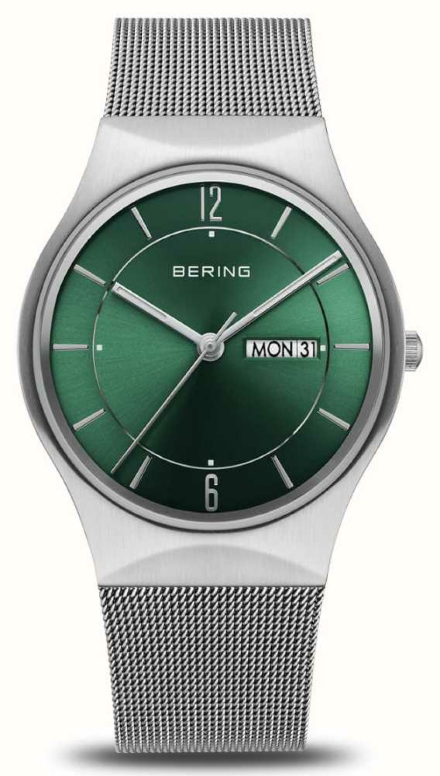 Men'S Bering | Bering Day Date Classic | Green Dial | Stainless Steel Mesh