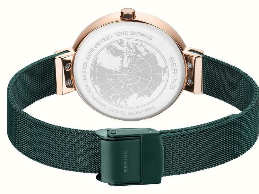 Women'S Bering | Bering Classic | Green Dial | Green Pvd Steel Mesh Bracelet