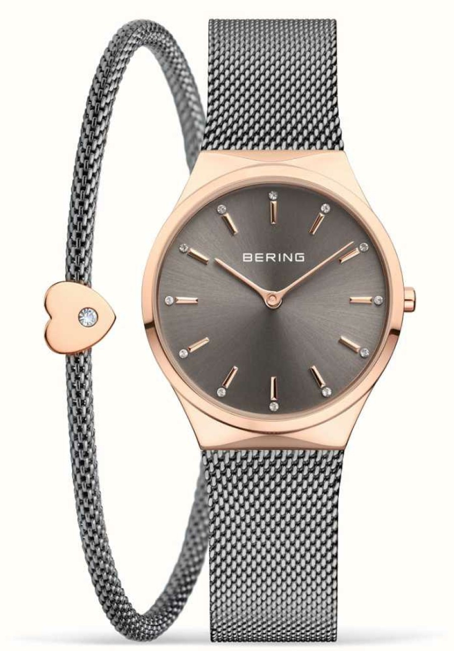 Women'S Bering | Bering Classic | Gift Set | Grey Dial | Stainless Steel Mesh | Matching Bracelet And Bead