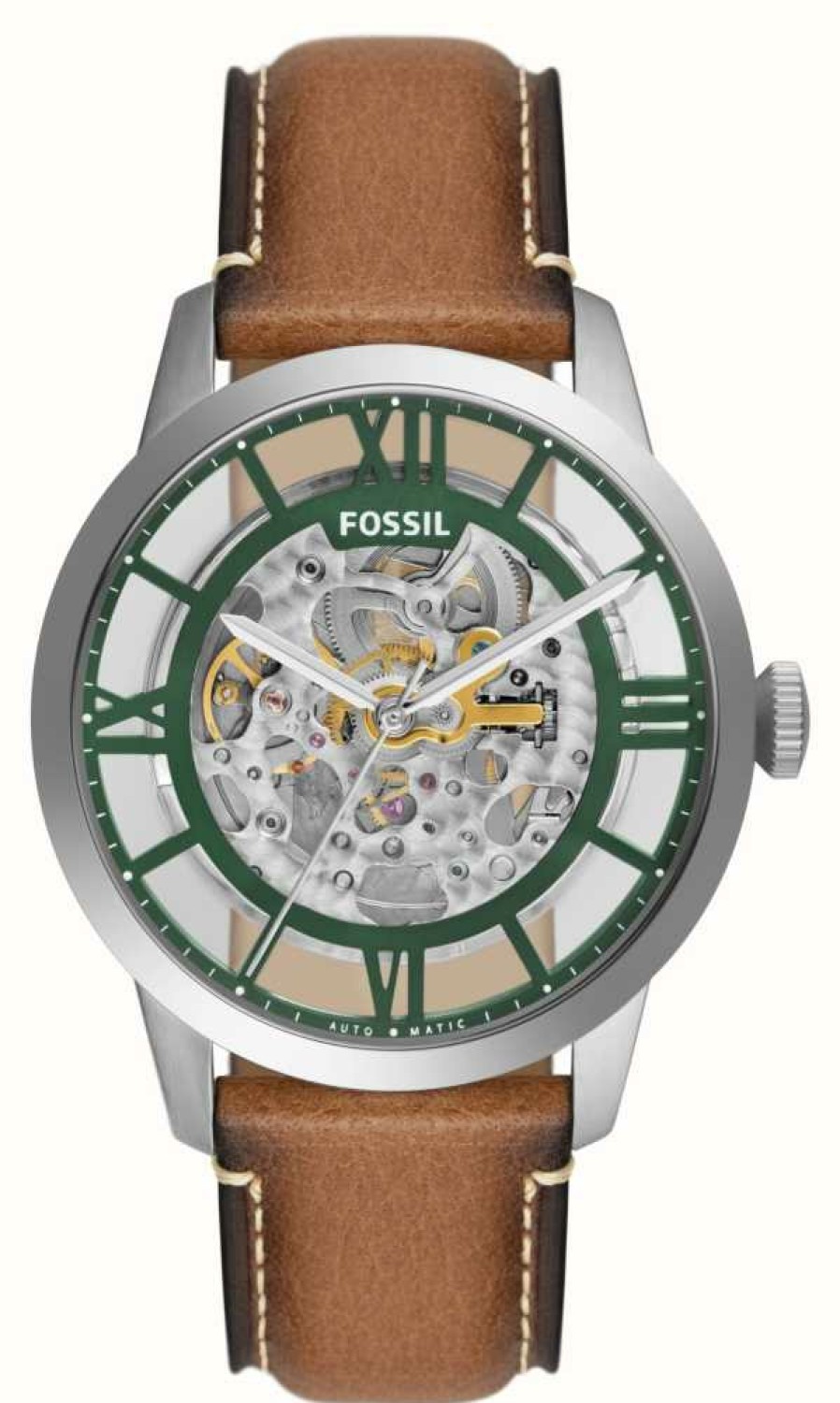 Men'S Fossil | Fossil Townsman Automatic | Skeleton Dial | Brown Leather Strap