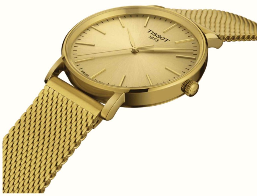 Men'S Tissot | Tissot Men'S Everytime | Gold Dial | Gold Steel Mesh Bracelet