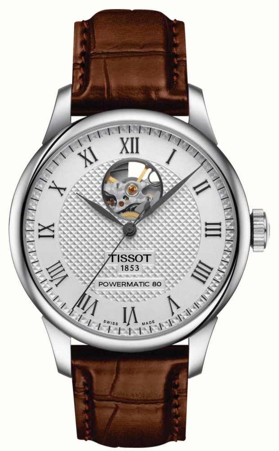 Men'S Tissot | Tissot Men'S Le Locle | Powermatic 80 | Silver Open Heart Dial | Brown Leather Strap