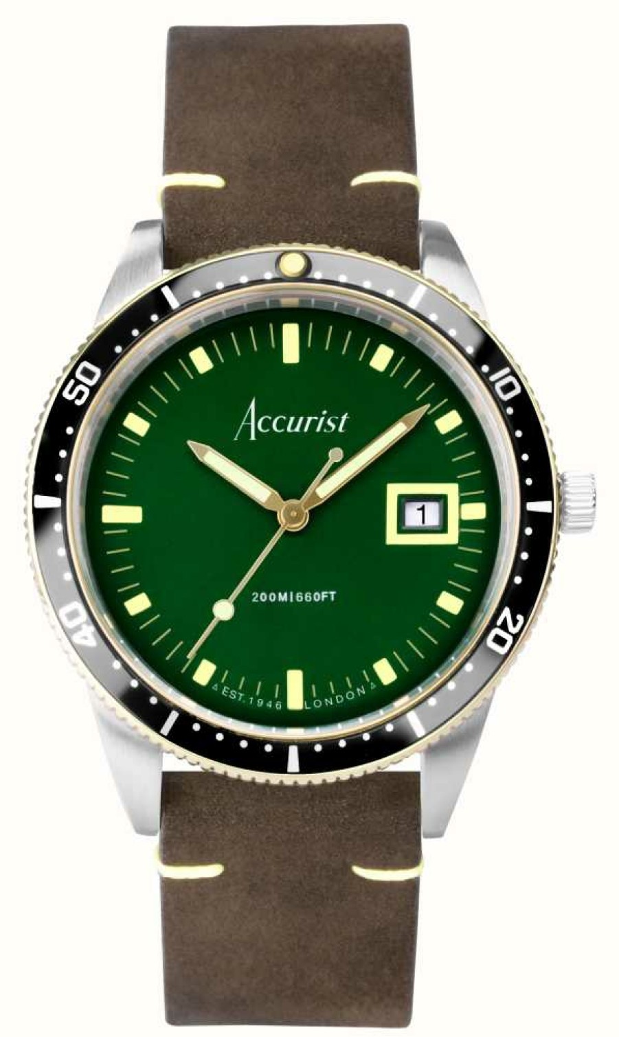 Men'S Accurist | Accurist Dive Mens | Green Dial | Brown Leather Strap