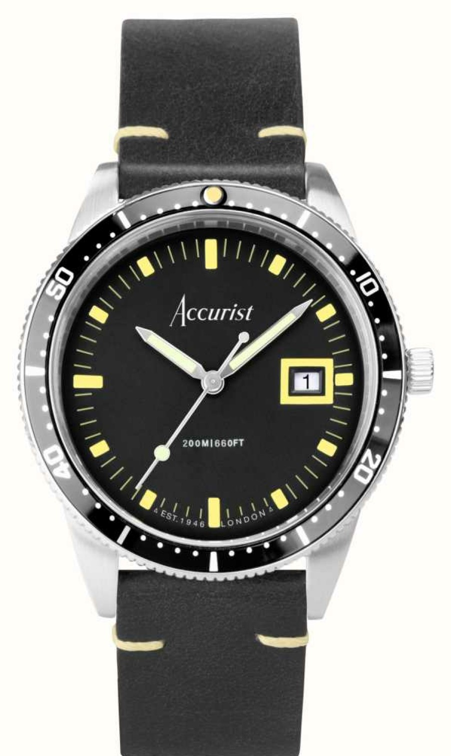 Men'S Accurist | Accurist Dive Mens | Black Dial | Black Leather Strap