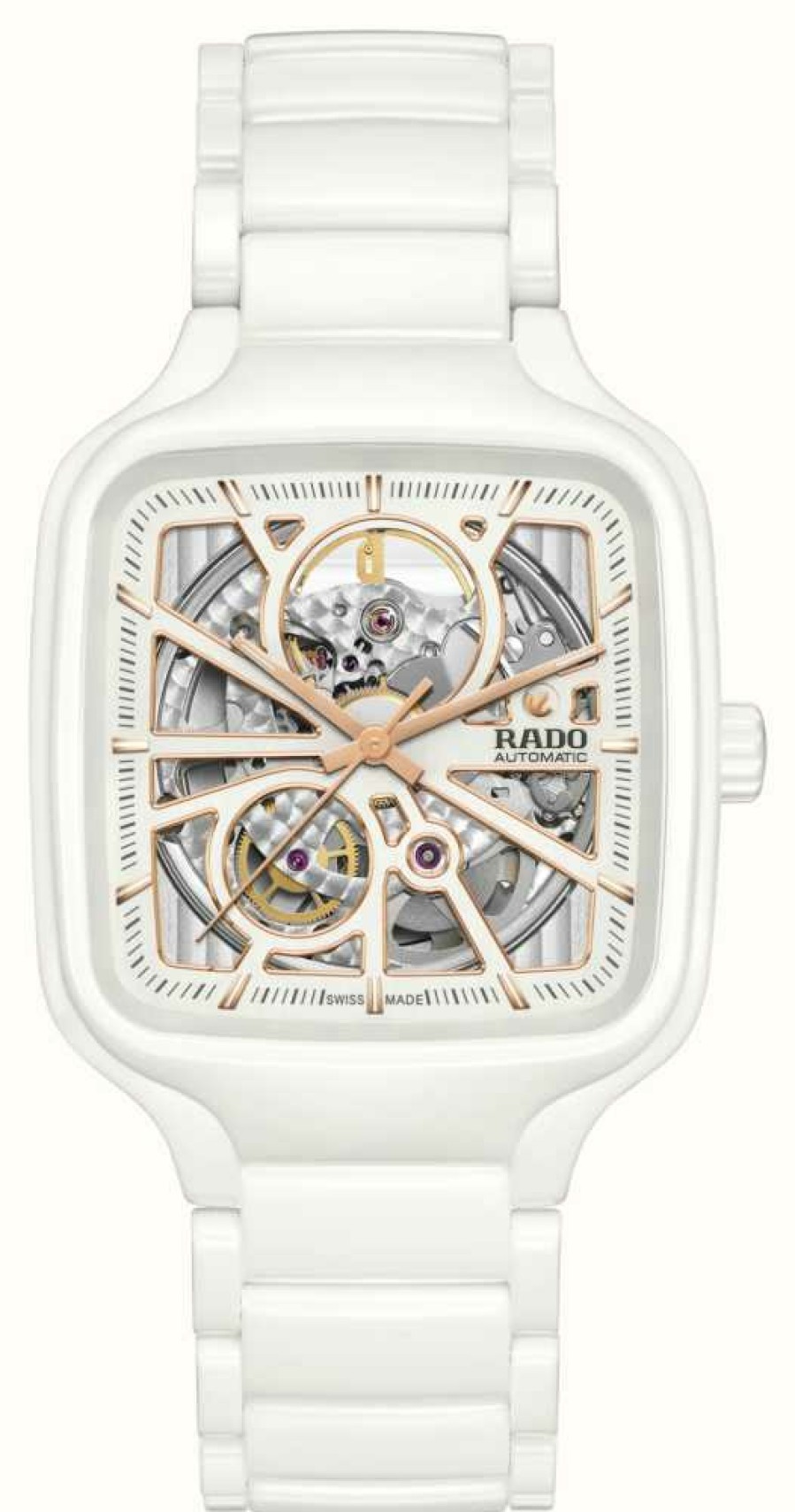 Men'S RADO | Rado True Square Automatic Open Heart (38Mm) White Dial / White High-Tech Ceramic Bracelet