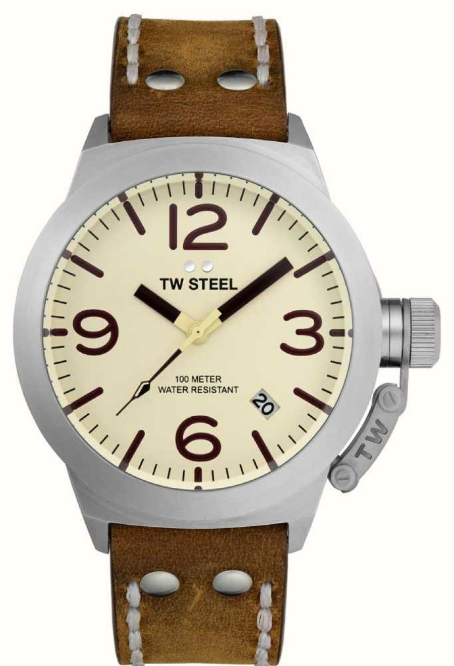 Men'S TW Steel | Tw Steel Canteen (45Mm) Cream Dial / Brown Italian Leather Strap