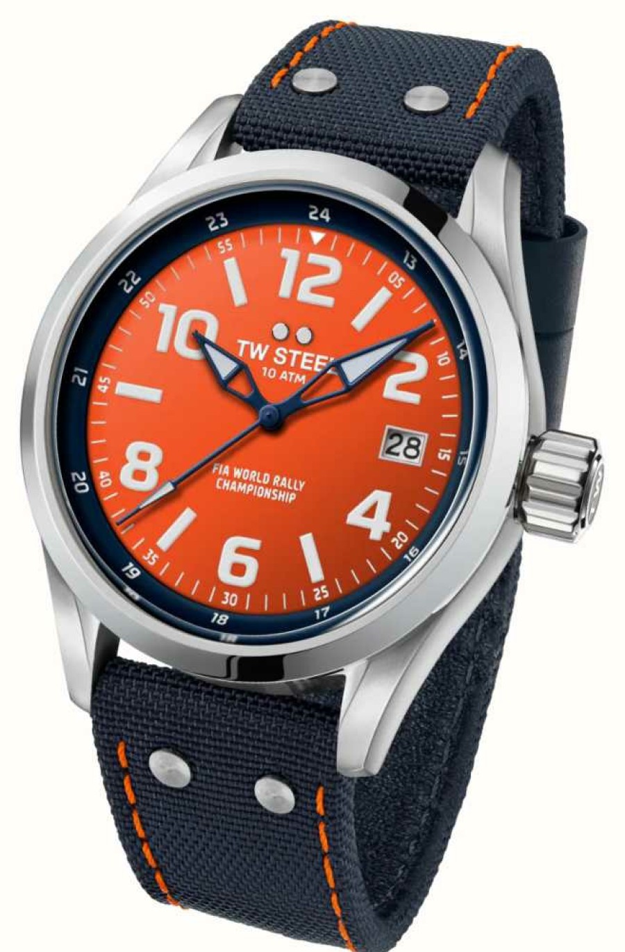 Men'S TW Steel | Tw Steel Volante World Rally Championship Special Edition (45Mm) Orange Dial / Blue Canvas Hybrid Strap