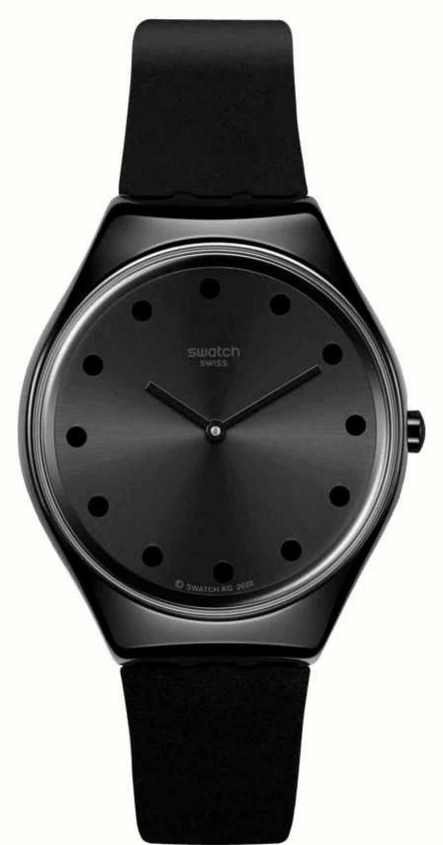 Men'S Swatch | Swatch Dark Spark | Black Dial | Black Leather Strap