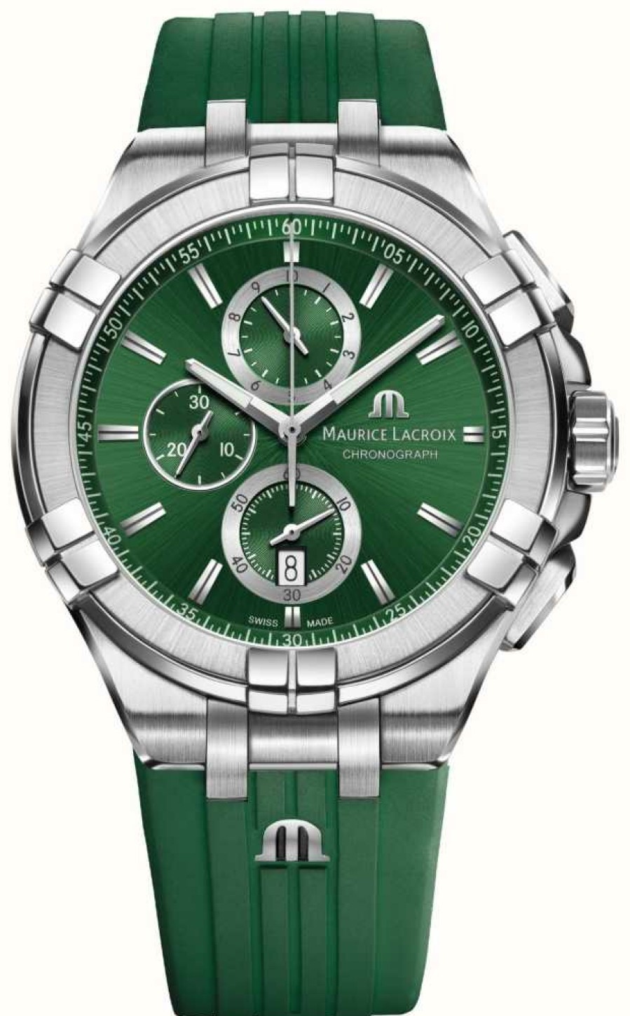 Men'S Maurice Lacroix | Maurice Lacroix Aikon Quartz Chronograph (44Mm) Green Dial / Green Rubber