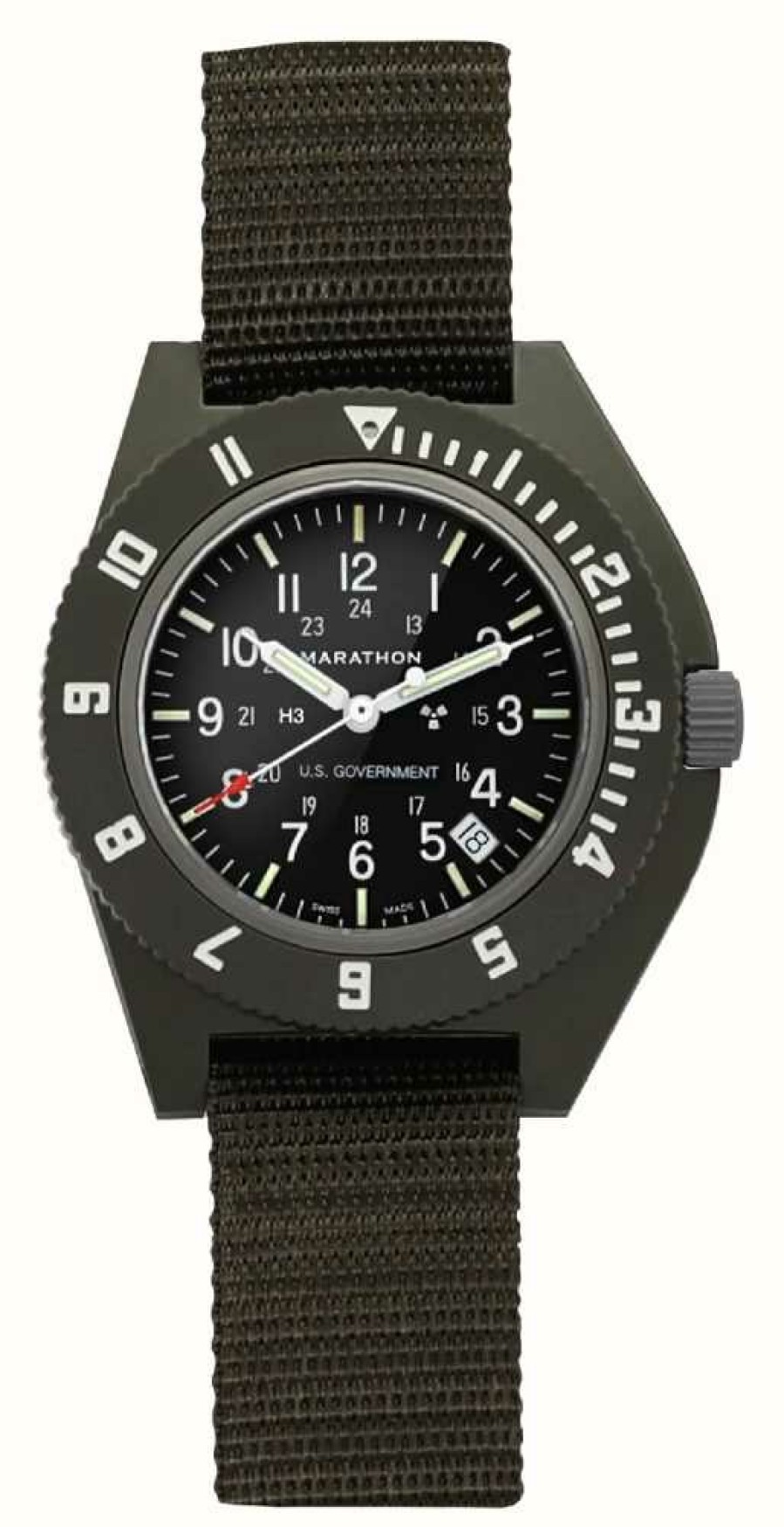 Men'S Marathon | Marathon Sage Green Pilot'S Navigator With Date | Us Government | Ballistic Nylon Strap