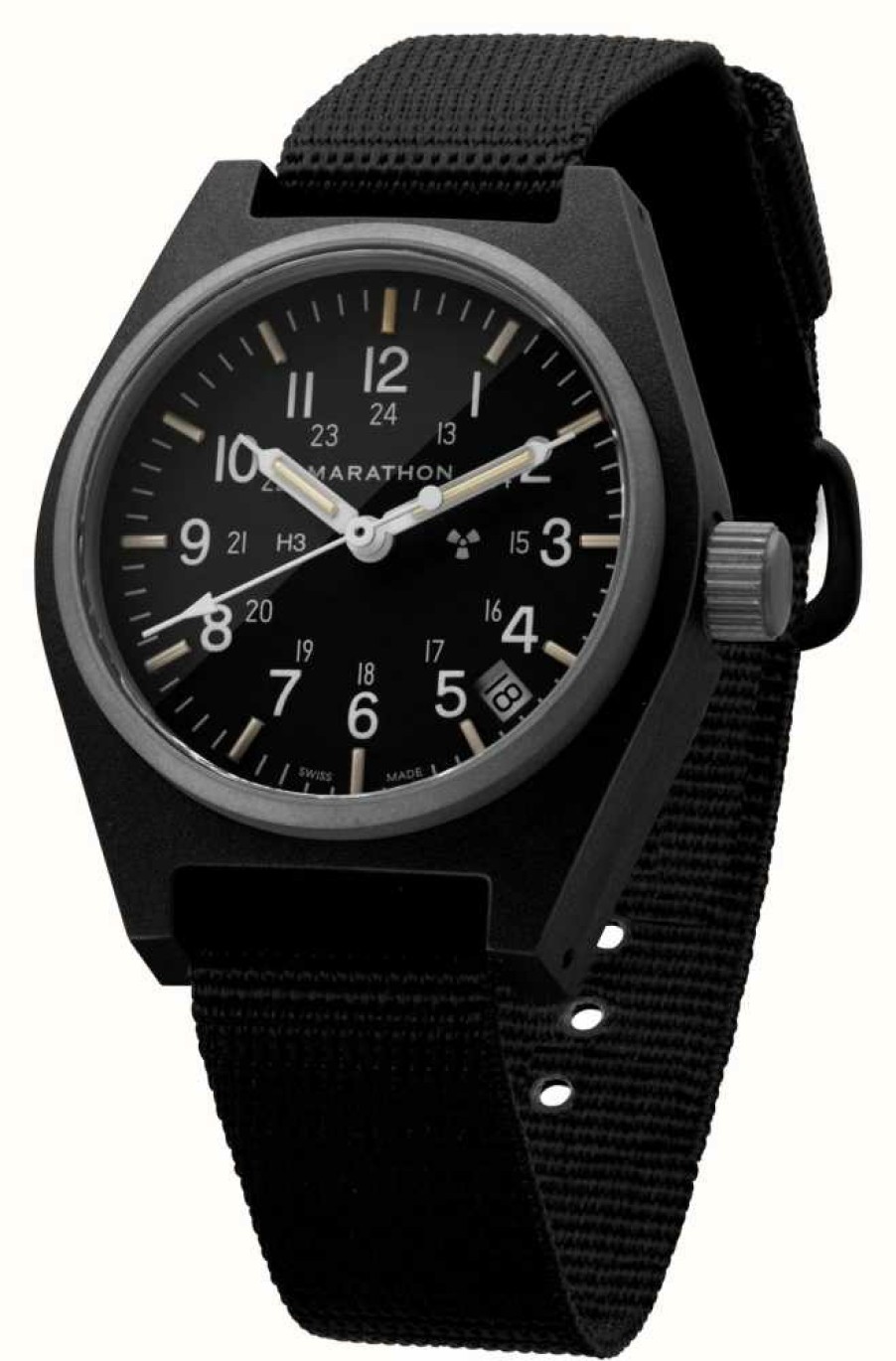 Men'S Marathon | Marathon Black General Purpose Quartz With Date (Gpq) | Ballistic Nylon Strap