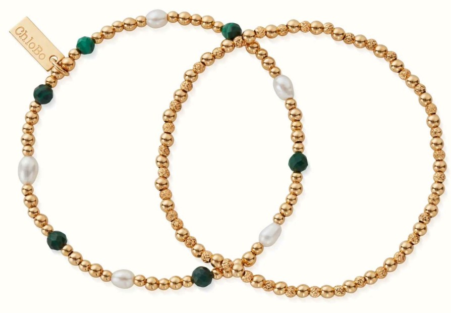 Jewelry ChloBo Jewellery | Chlobo Gold Magical Beauty Set Of 2 Pearl & Malachite Bracelet