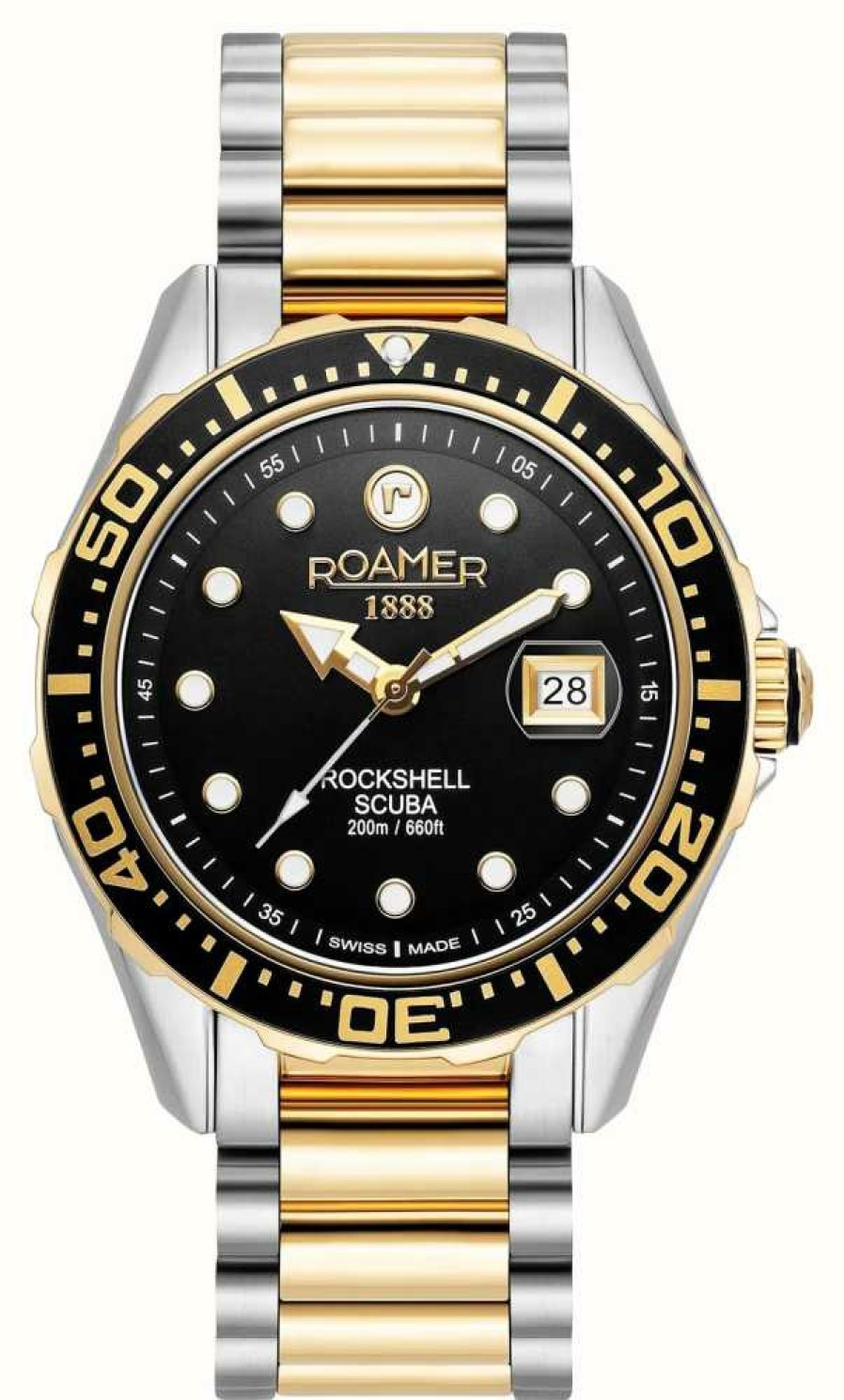 Men'S Roamer | Roamer Rockshell Scuba | Black Dial | Two Tone Stainless Steel Bracelet