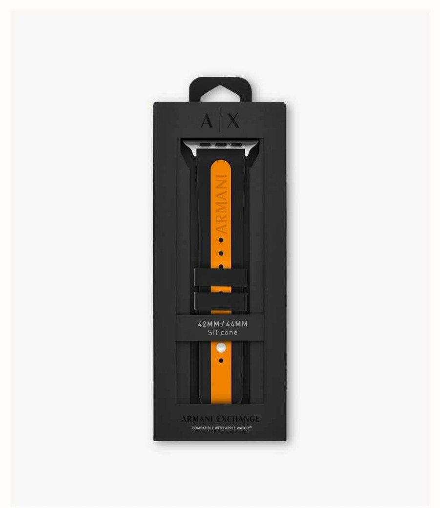 Men'S Armani Exchange | Armani Exchange Apple Watch Strap (42/44/45Mm) Black & Orange Silicone