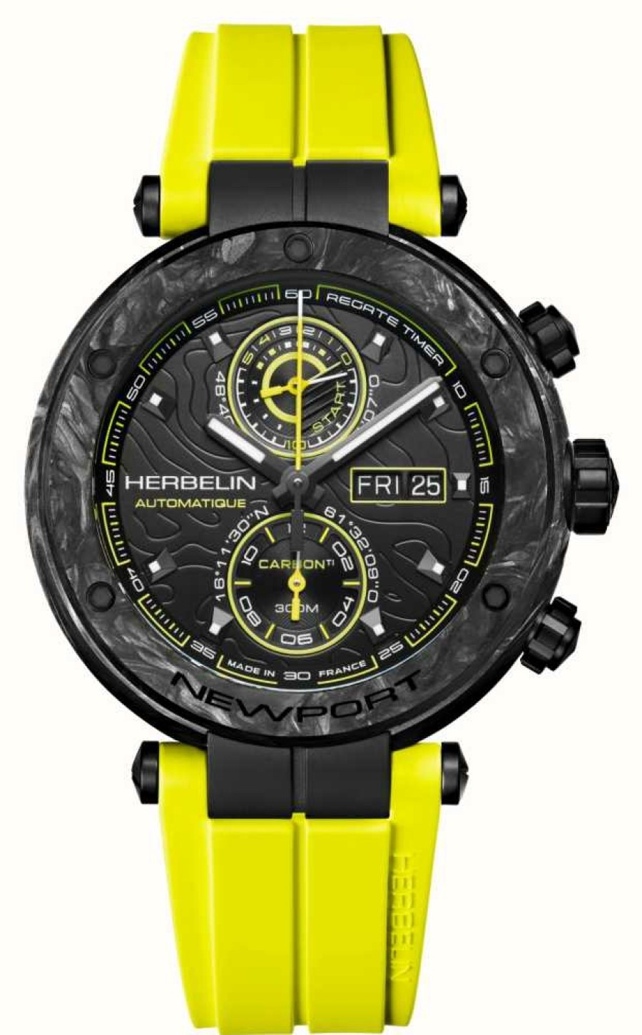 Men'S Herbelin | Herbelin Newport Carbon Titanium Automatic (46.5Mm) Black Dial / Yellow Rubber Strap