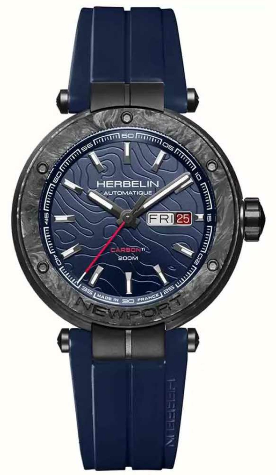 Men'S Herbelin | Herbelin Newport Carbon Titanium Automatic (43Mm) Blue Dial / Blue Rubber Strap